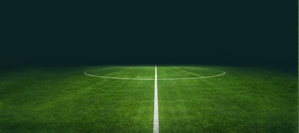 textured soccer game field with neon fog center, midfield